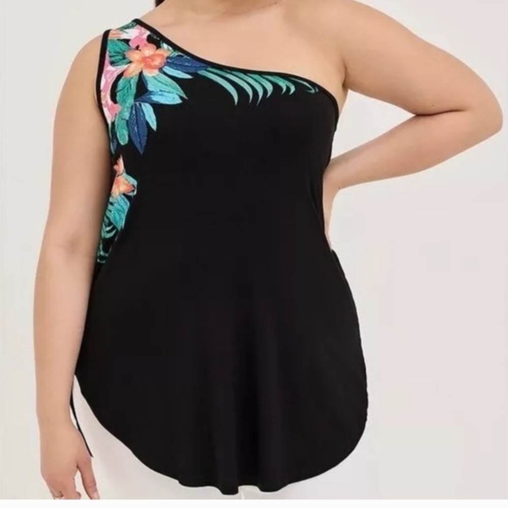 torrid Black One-Shoulder Tank with Tropical Floral Trim